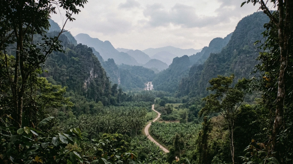 The forested valley with the access road running toward the falls, the layout behind this Kuang Si Falls interactive map, Luang Prabang, Laos