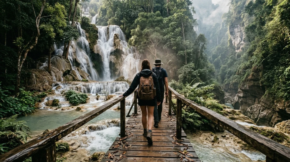 Two visitors crossing the wooden footbridge below the cascade, the walk that links the things to do at Kuang Si Falls, Luang Prabang, Laos