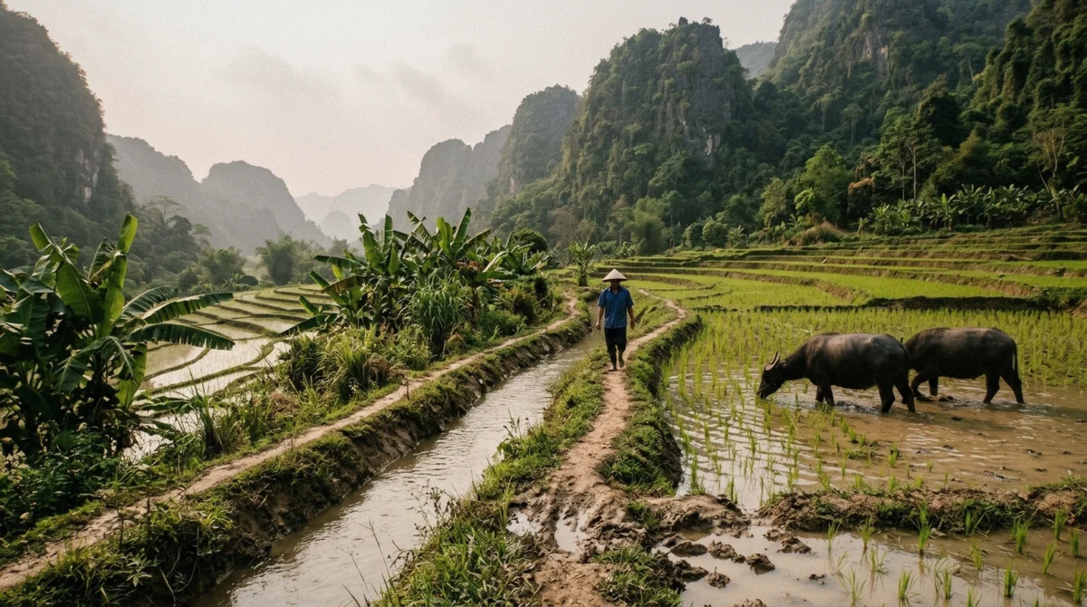 Rice paddies fed by the falls at the height of the wet season near Kuang Si, Luang Prabang