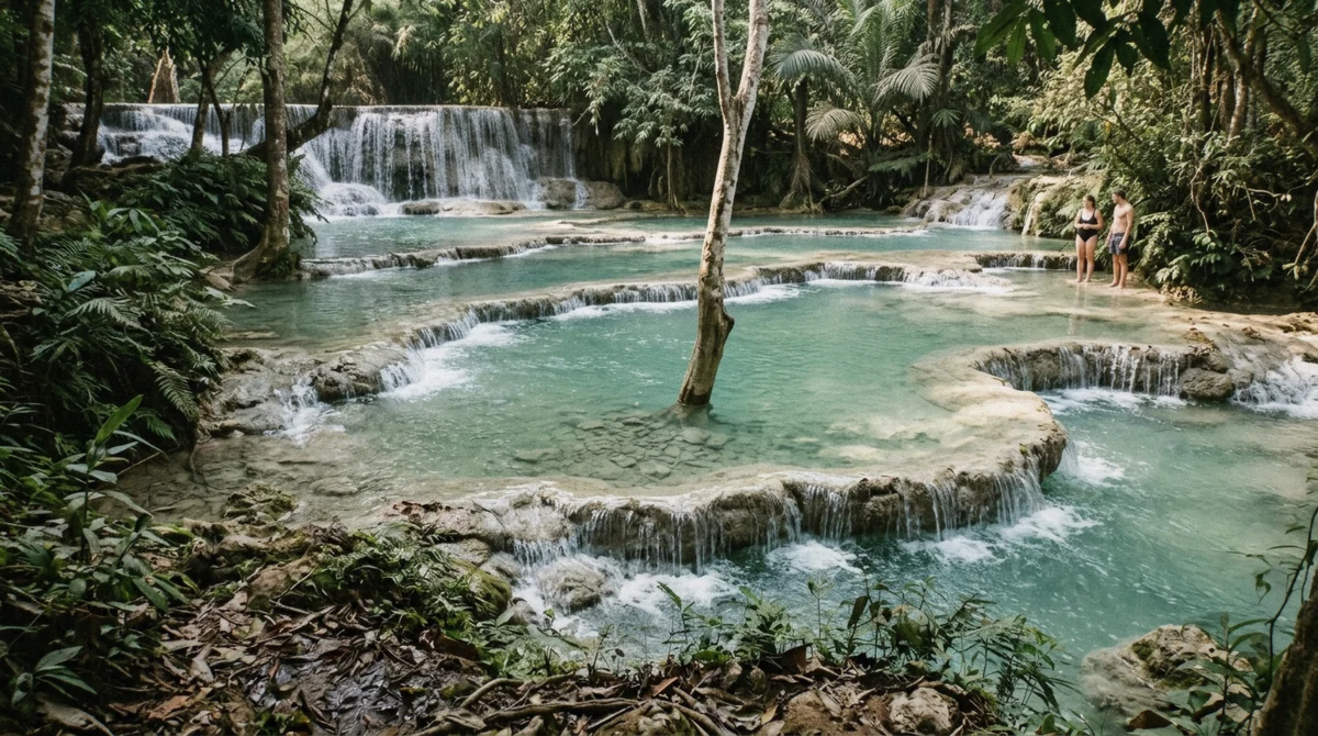 The designated lower pools at Kuang Si Falls where swimming is allowed, with travertine shelves and clear turquoise water