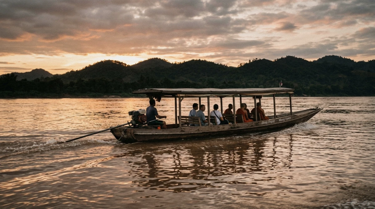 Long-tail boat on the Mekong at sunset on the return leg of the Kuang Si Falls half day tour from Luang Prabang