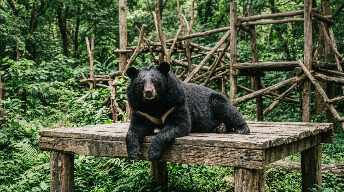Rescued moon bear at the Tat Kuang Si Bear Rescue Centre, visited during the falls stop on the Pak Ou Caves and Kuang Si Falls tour